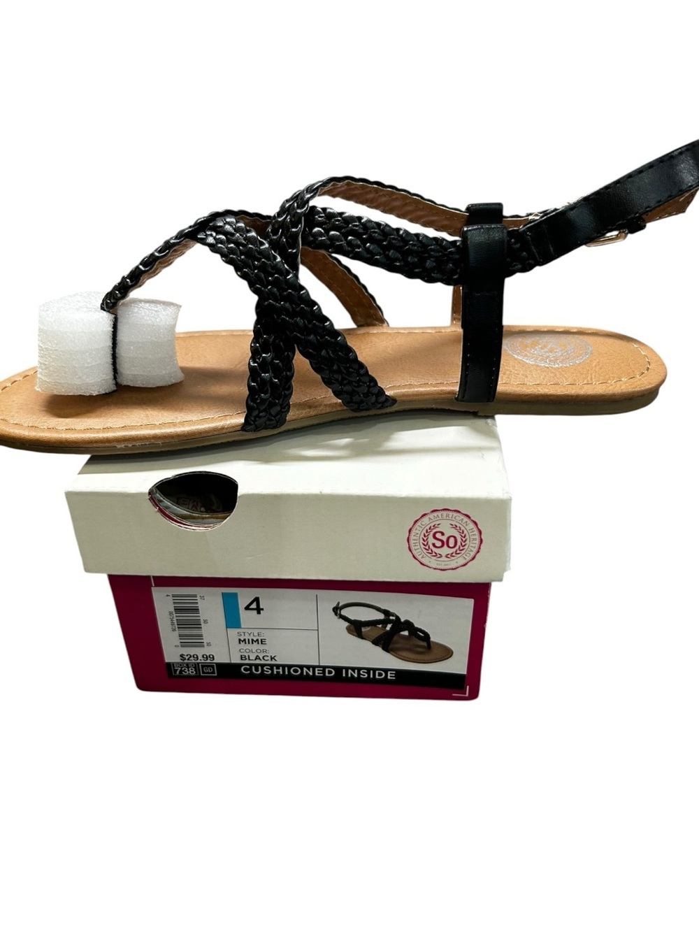 SO Black Braided Gladiator Sandals Size 4 Cushioned Footbed New in Box